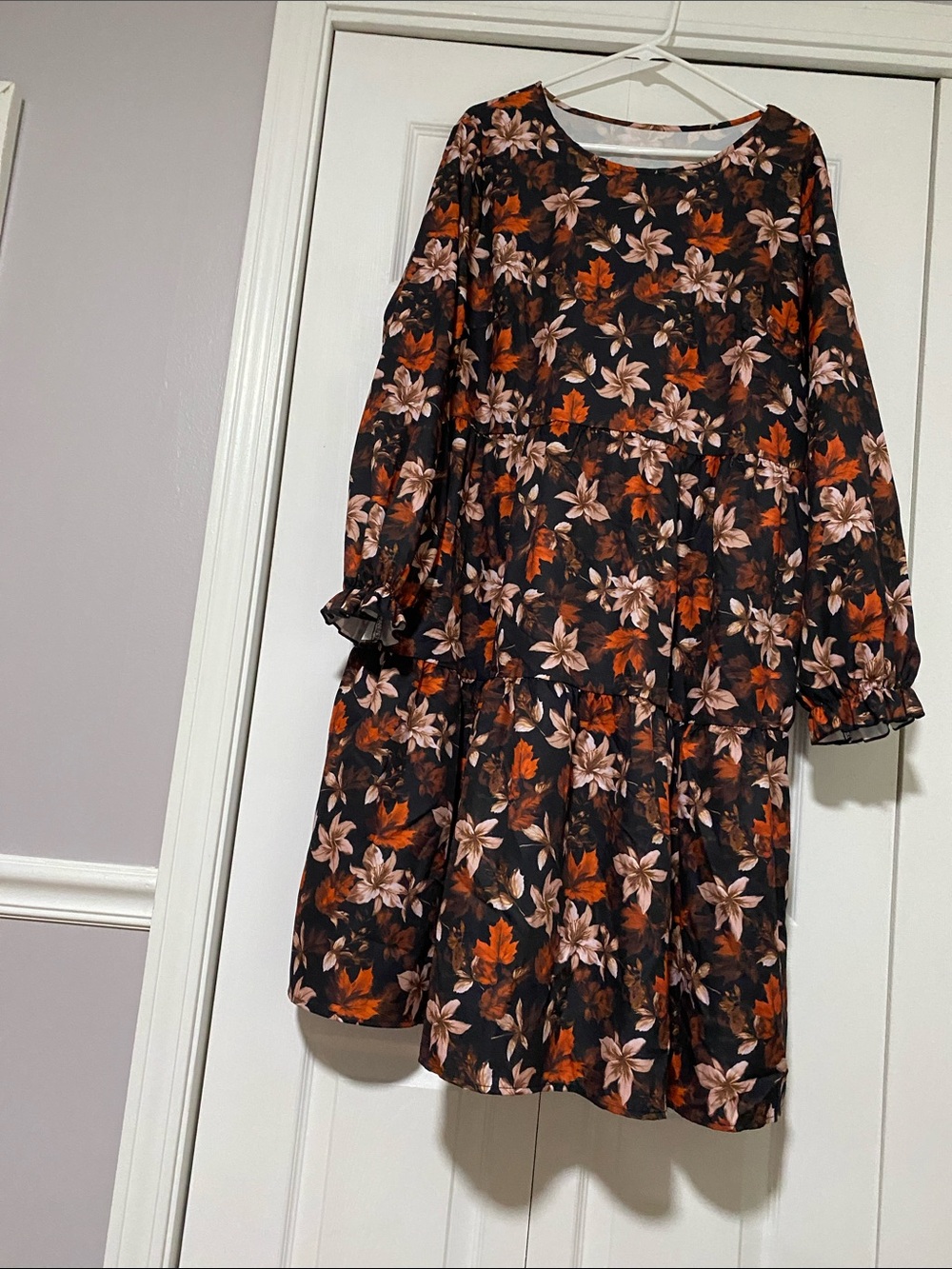Women’s  Floral Tiered Casual Dress in Black with Orange & Pink Floral